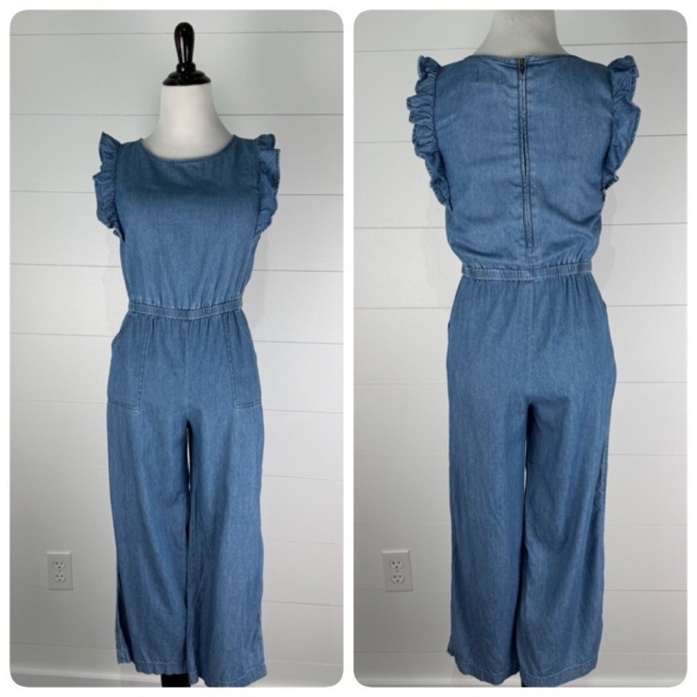 Old Navy Denim Chambray Jean Romper Jumpsuit Girl XL 14 Boho Ruffle Sleeve Beach